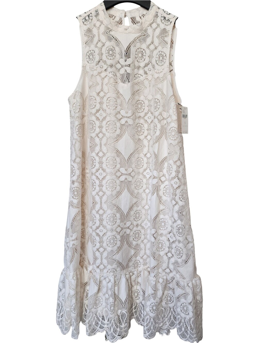 ANTHROPOLOGIE FLOREAT Manon Lace Shift Midi Dress In Ivory With Ruffled Hem Sz 4